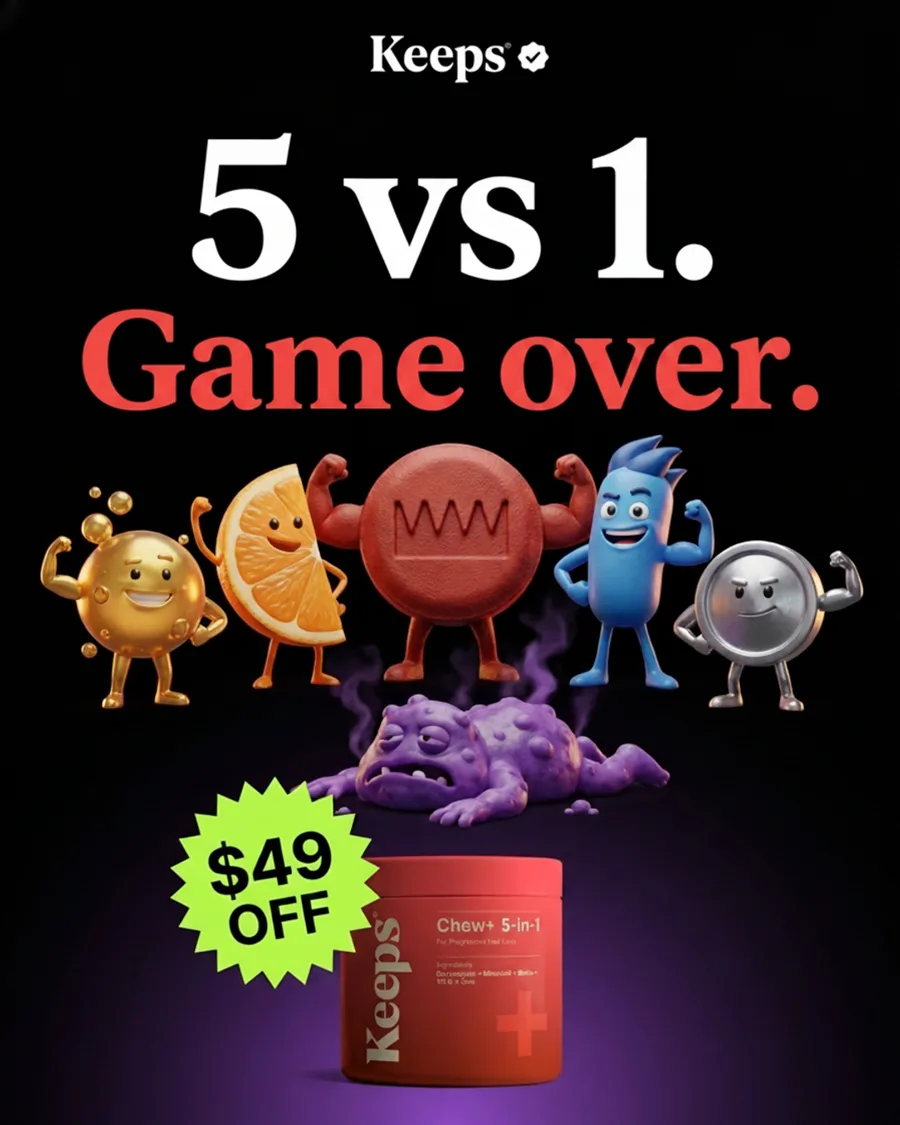 Keeps static ad: five cartoon ingredient characters standing over a knocked-out purple DHT blob, headline '5 vs 1. Game over.'